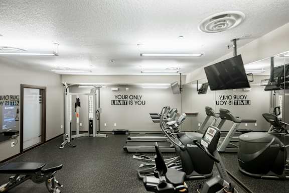 A gym with treadmills and elliptical machines.