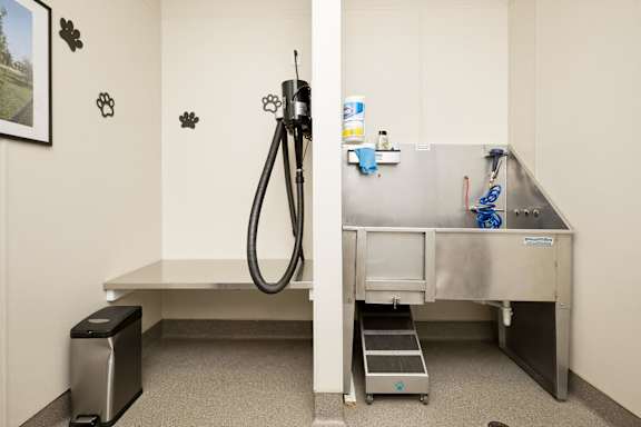 A cleaning station with a hose and a bench.