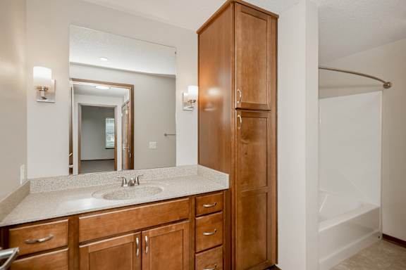A bathroom with a sink, mirror, and wooden cabinets.