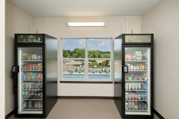 Two refrigerators are in a room with a view of a pool and trees outside.