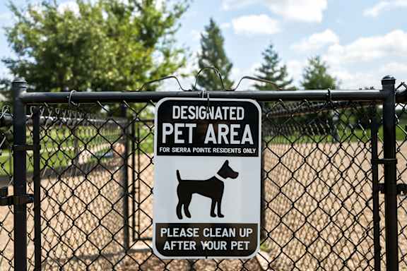 A sign on a fence that says Designated Pet Area for Sierra Pine residents only.