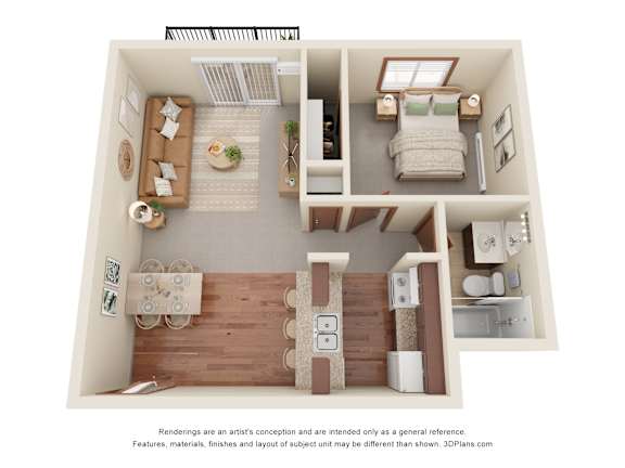 A 3D floor plan of a small apartment with a kitchen, living room, and bedroom.