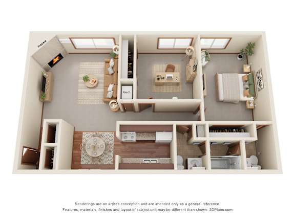 A 3D floor plan of a house with a kitchen, living room, and bathroom.