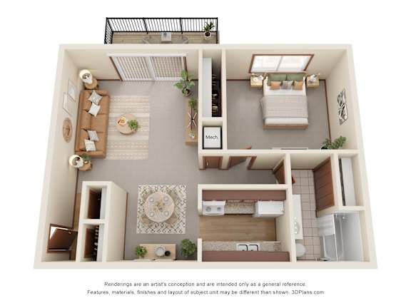 A 3D floor plan of a small apartment with a kitchen, living room, and bedroom.