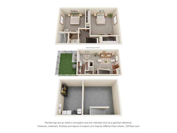 A 3D floor plan of a house with three bedrooms, a living room, a kitchen, and a bathroom.