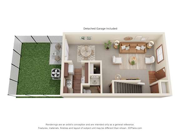 A 3D floor plan of a house with a detached garage.