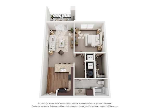 A 3D floor plan of a small apartment with a kitchen, living room, and bathroom.