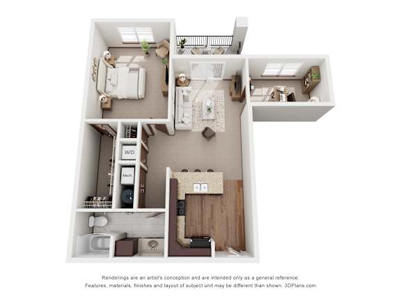 A 3D floor plan of a house with a kitchen, living room, and two bedrooms.