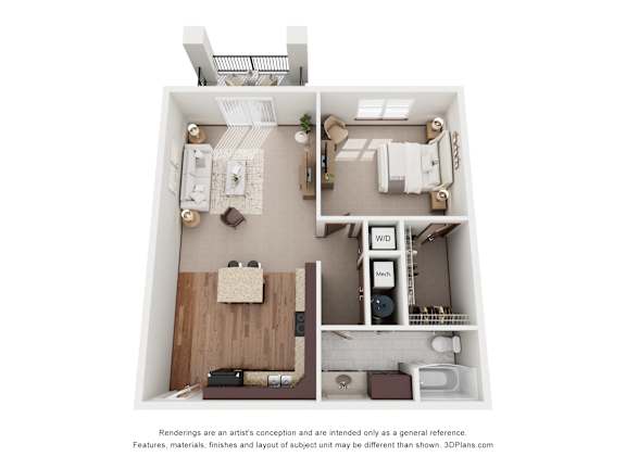 A 3D floor plan of a small apartment with a kitchen, living room, and bathroom.