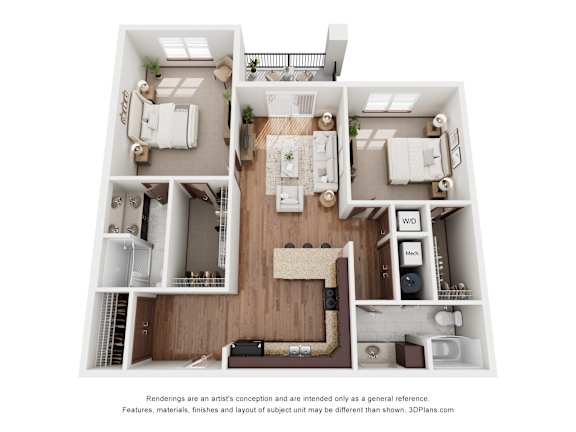 A 3D floor plan of a house with labeled rooms.