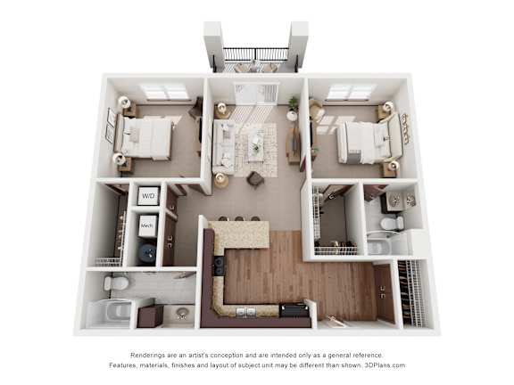 A 3D floor plan of a house with a kitchen, living room, dining room, and two bedrooms.