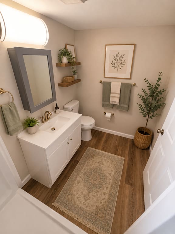 Bathroom vanity with framed mirror and floating shelves at Southside Apartments, Jacksonville