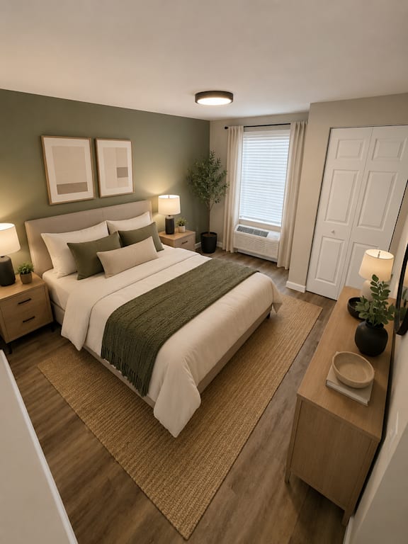 Cozy bedroom with green accent wall and natural decor at Southside Apartments, Florida