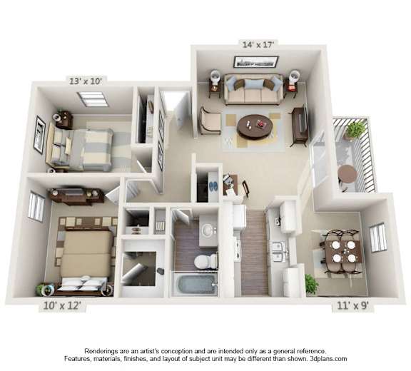 A 3D floor plan of a house with a living room, kitchen, dining room, and bedrooms. at Auburn Glen Apartments, Jacksonville