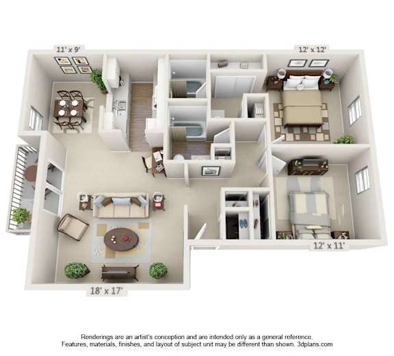 A 3D floor plan of a two-bedroom apartment with a living room, kitchen, and bathroom.at Auburn Glen Apartments, Jacksonville