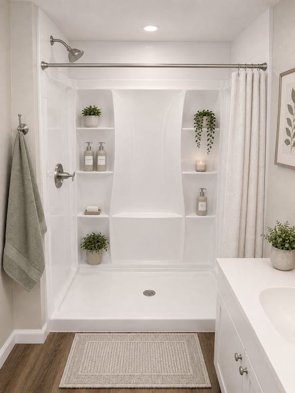 Clean white shower with builtin storage niches at Southside Apartments, Florida, 32216