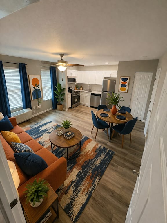 Open floor plan living space with blue and orange accents at Southside Apartments, Jacksonville, FL 32216