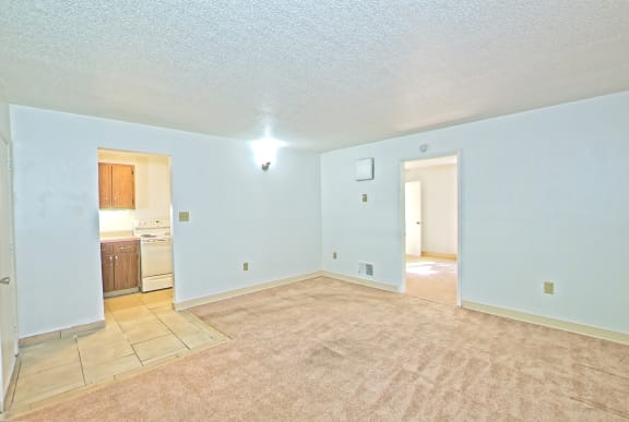 an empty living room with a kitchen in the background