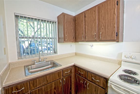 a kitchen with wooden cabinets and a sink and a window