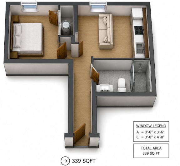 3D floor plan of one bedroom apartment layout at Southside Apartments, Jacksonville, FL