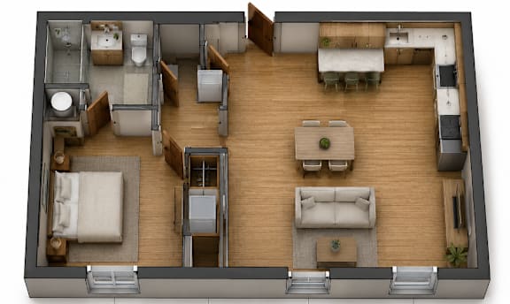 3D floor plan of one bedroom apartment layout at Southside Apartments, Jacksonville, 32216
