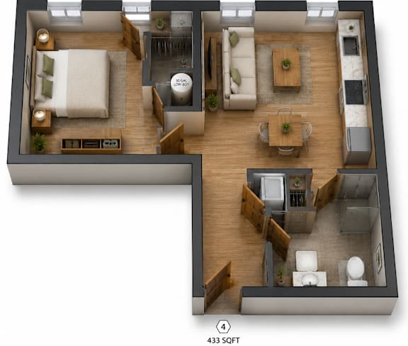 3D floor plan of one bedroom apartment layout at Southside Apartments, Jacksonville, Florida