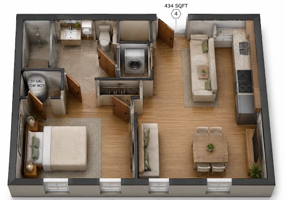 3D floor plan of one bedroom apartment layout at Southside Apartments, Jacksonville