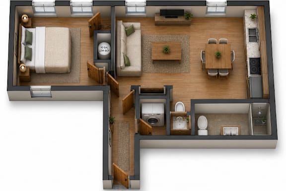 3D floor plan with one bedroom layout at Southside Apartments, Florida