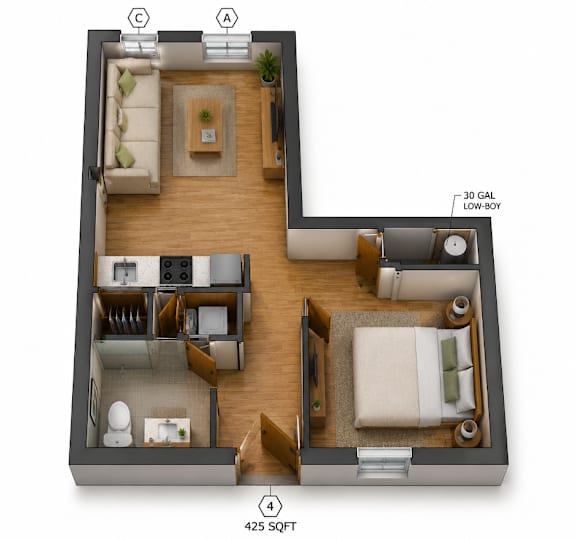 3D floor plan of 425 square foot studio apartment at Southside Apartments, Florida, 32216