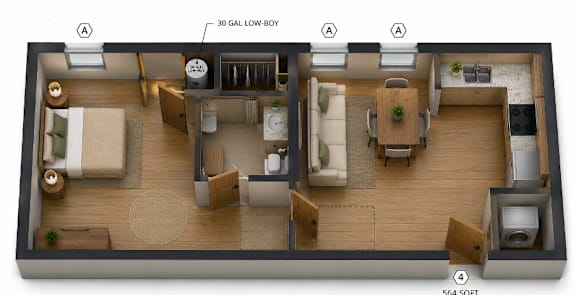 3D floor plan of studio apartment layout at Southside Apartments, Jacksonville, 32216