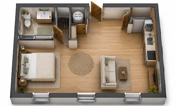 3D studio apartment layout floor plan at Southside Apartments, Jacksonville, Florida