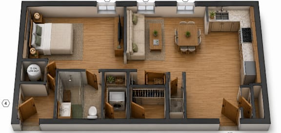 3D floor plan of open concept apartment at Southside Apartments, Jacksonville