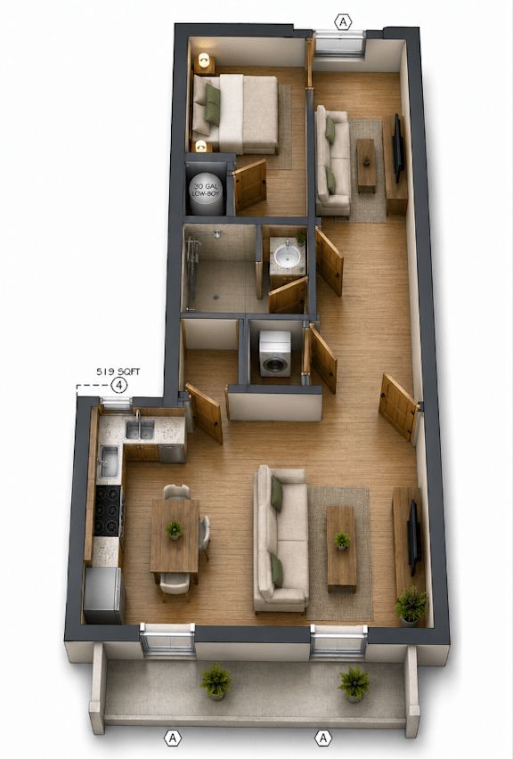 3D floor plan of 519 square foot apartment at Southside Apartments, Florida