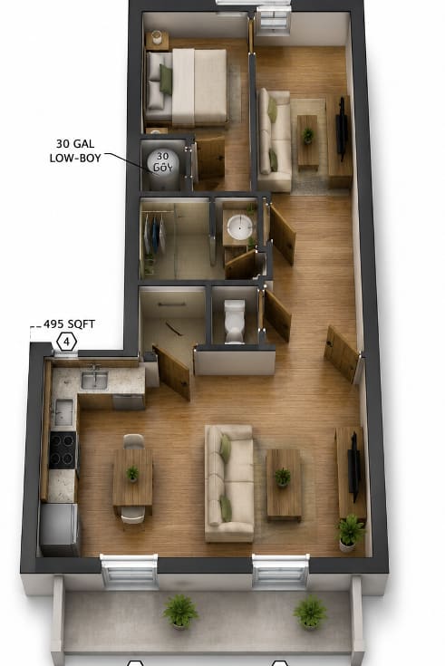 3D floor plan of compact one bedroom unit at Southside Apartments, Florida, 32216