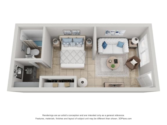 a stylized floor plan of a studio apartment at Colonial Drive Apartments, Orlando, FL