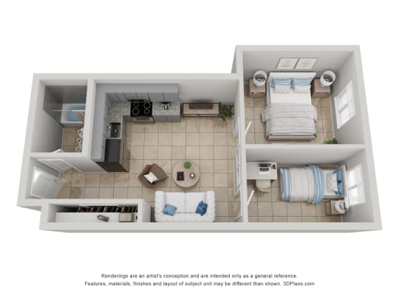 2 Bedroom Apartment Floor Plan a stylized floor plan with a bedroom and living room at Colonial Drive Apartments, Orlando, FL