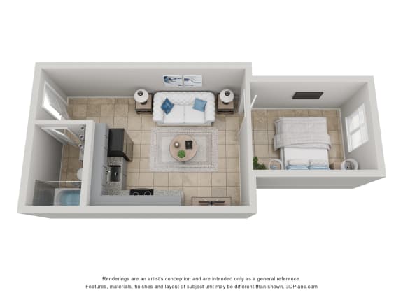 a 1 bedroom floor plan with a bathroom and a living room at Colonial Drive Apartments, Orlando, FL