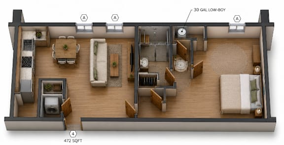 3D floor plan of 472 square foot one bedroom apartment at Southside Apartments, Jacksonville, FL 32216