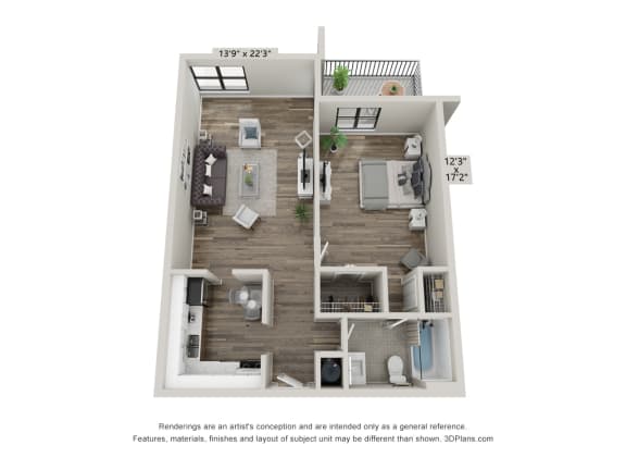 1 Bedroom 3D Floor Plan  at Club at Emerald Waters, Hollywood, 33021