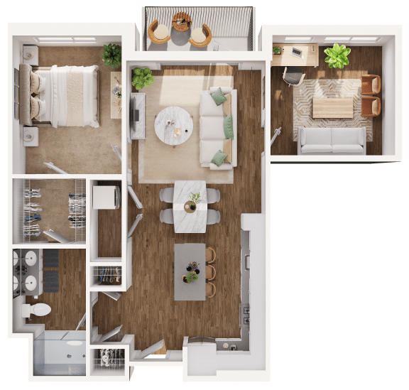 Daylily Floor Plan at Hamilton at Eagleview, featuring 1 bedroom, 1 bathroom, and a den for versatile living in Exton, PA 19341