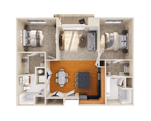 A top-down view of a small apartment layout with a kitchen, living room, and bedrooms.