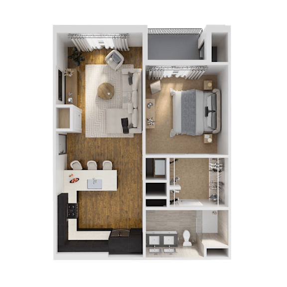 A top-down view of a small apartment with a bedroom, living room, and kitchen.