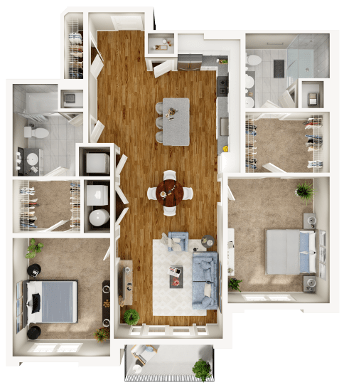 Floor Plan  A 3D floor plan of a house with a kitchen, living room, dining room, and bedrooms.