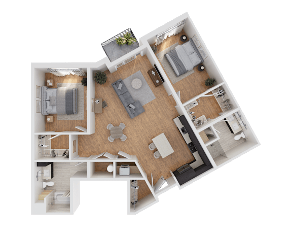 A top-down view of a house layout with a living room, kitchen, dining area, and bedrooms.