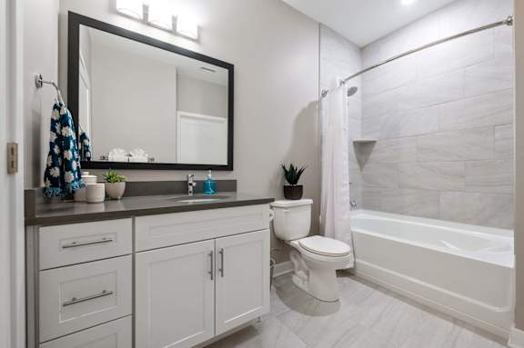 A bathroom with a white toilet, a sink, a mirror, and a bathtub.