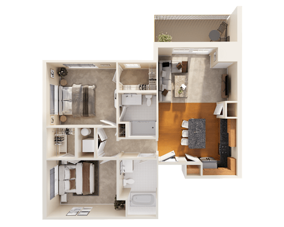 A 3D floor plan of a small apartment with a kitchen, living room, and bathroom.