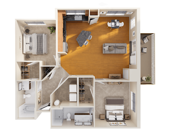 A top-down view of a house layout with a living room, kitchen, and bedrooms.