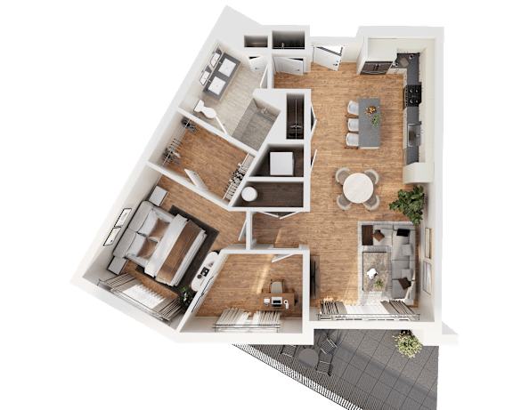 A 3D rendered image of a house layout.