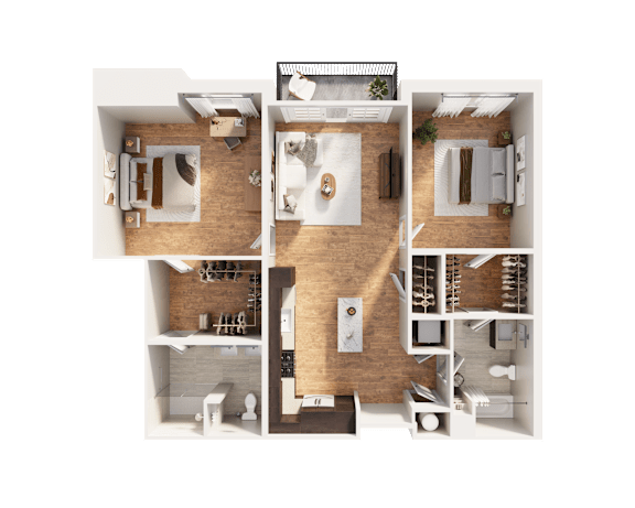 A top-down view of a house floor plan with a kitchen, living room, dining area, and bedrooms.