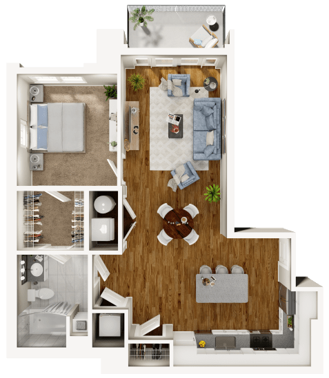 Floor Plan  A detailed 3D floor plan of a small apartment layout.